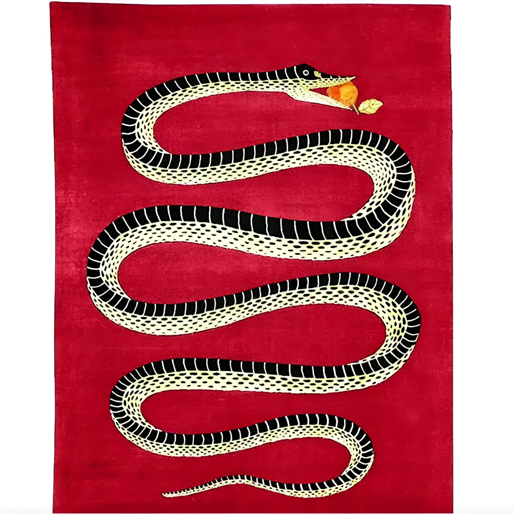A striking Retro Red Snake Hand Tufted Wool Rug featuring a bold black and white snake design on a vibrant red background. Perfect for adding a vintage touch to a dining room or as a statement area rug in a large living room. This wool rug combines style and texture, ideal for both living rooms and formal dining rooms.