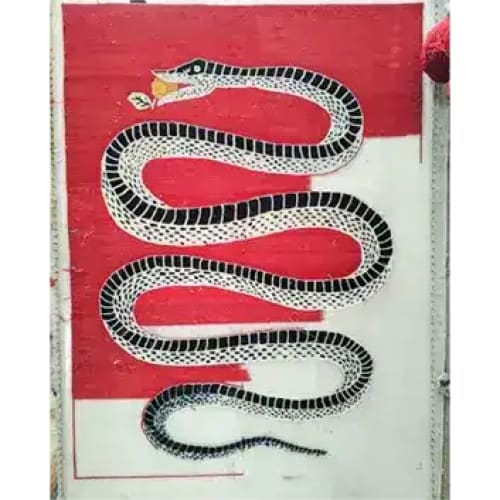 A striking Retro Red Snake Hand Tufted Wool Rug, perfect for adding a vintage touch to your dining room or large living room. This area rug features a bold snake design on a vibrant red background, ideal for formal dining room settings or as a statement piece in any living room.