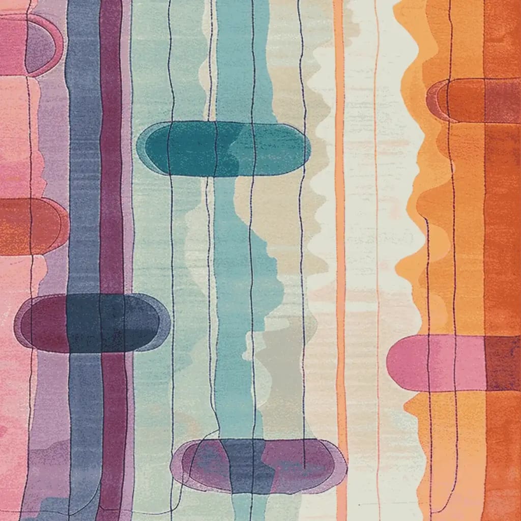 Vibrant retro rhythm lines hand tufted area rug, showcasing an abstract design with bold stripes and ovals in shades of pink, blue, and orange. This contemporary wool rug is perfect for adding a splash of color to large living rooms, sized at 8x10.