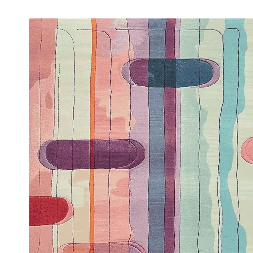 This is a vibrant area rug with a retro rhythm design, showcasing a blend of colorful stripes and abstract shapes. Ideal as a contemporary wool rug, it's perfect for adding a splash of color to large living rooms. The hand-tufted rug is shown in a detailed top view, emphasizing its artistic patterns and quality craftsmanship.