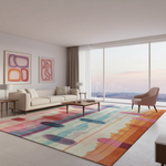Modern living room with a colorful rug, sofa, and abstract art on a light background