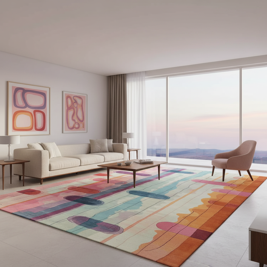 Modern living room with a colorful rug, sofa, and abstract art on a light background