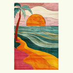 A vibrant area rug titled 'Retro Seaside Oasis Hand Tufted Rug' featuring a sunset scene with an orange sun, teal waves, and a palm tree. This contemporary wool rug is perfect for adding a splash of color to bedrooms or offices.