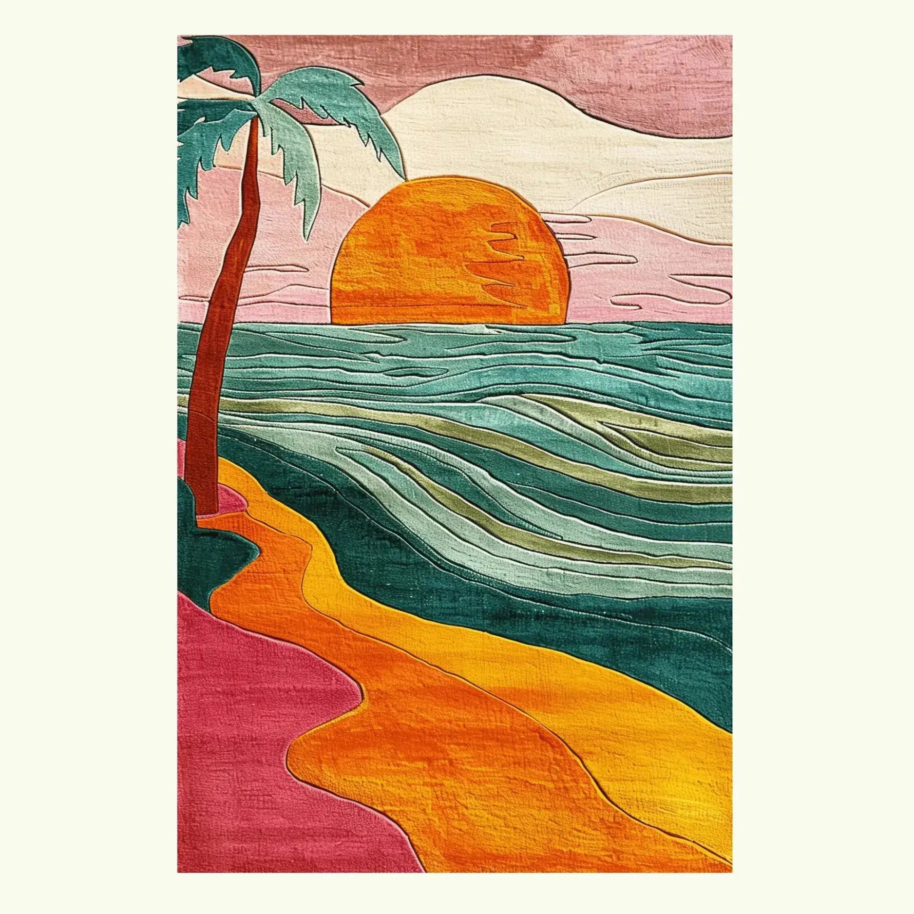 A vibrant area rug titled 'Retro Seaside Oasis Hand Tufted Rug' featuring a sunset scene with an orange sun, teal waves, and a palm tree. This contemporary wool rug is perfect for adding a splash of color to bedrooms or offices.