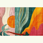 Vibrant and colorful Retro Seaside Oasis Hand Tufted Area Rug featuring abstract patterns in green, orange, pink, and yellow hues. Perfect as a contemporary rug for bedrooms or offices, this wool rug adds a splash of artistic flair to any space.