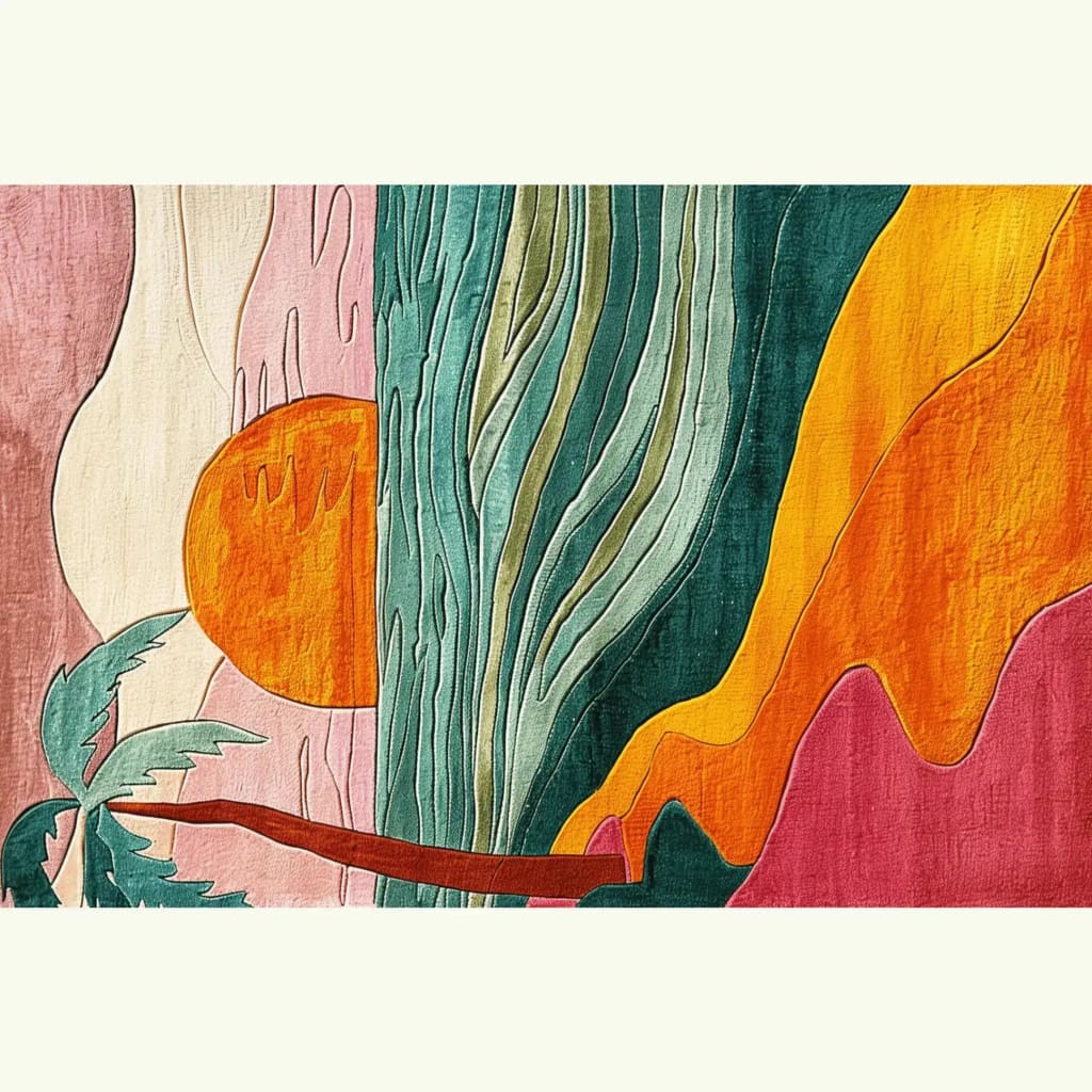 Vibrant and colorful Retro Seaside Oasis Hand Tufted Area Rug featuring abstract patterns in green, orange, pink, and yellow hues. Perfect as a contemporary rug for bedrooms or offices, this wool rug adds a splash of artistic flair to any space.