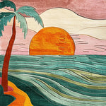 Experience the charm of the Retro Seaside Oasis Hand Tufted Rug, a contemporary area rug perfect for any bedroom or office. This wool rug features a vibrant depiction of a sunset over the ocean, with a palm tree silhouette and warm, inviting hues. Ideal for those seeking stylish bedroom area rugs with a modern twist.