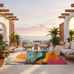 Colorful rug with abstract design on a patio with ocean view