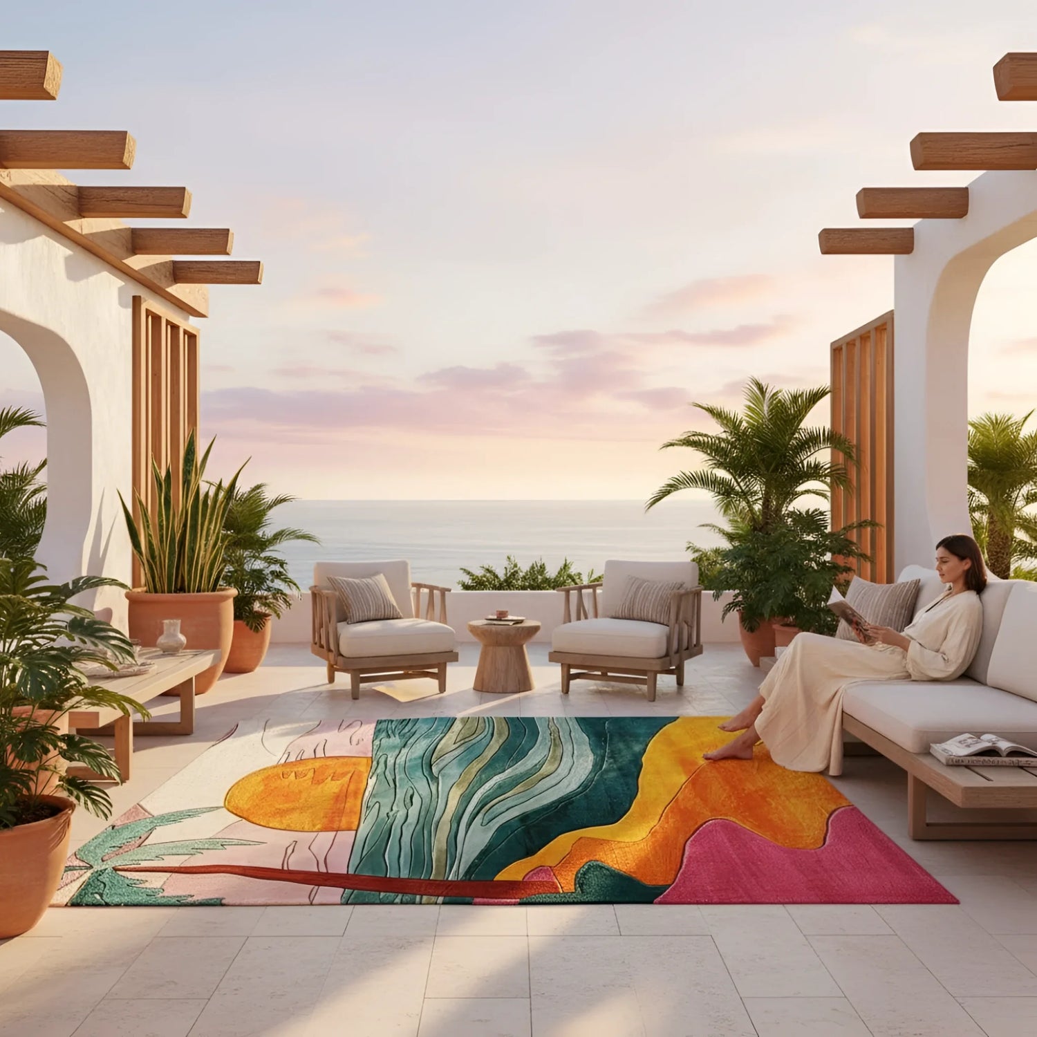 Colorful rug with abstract design on a patio with ocean view