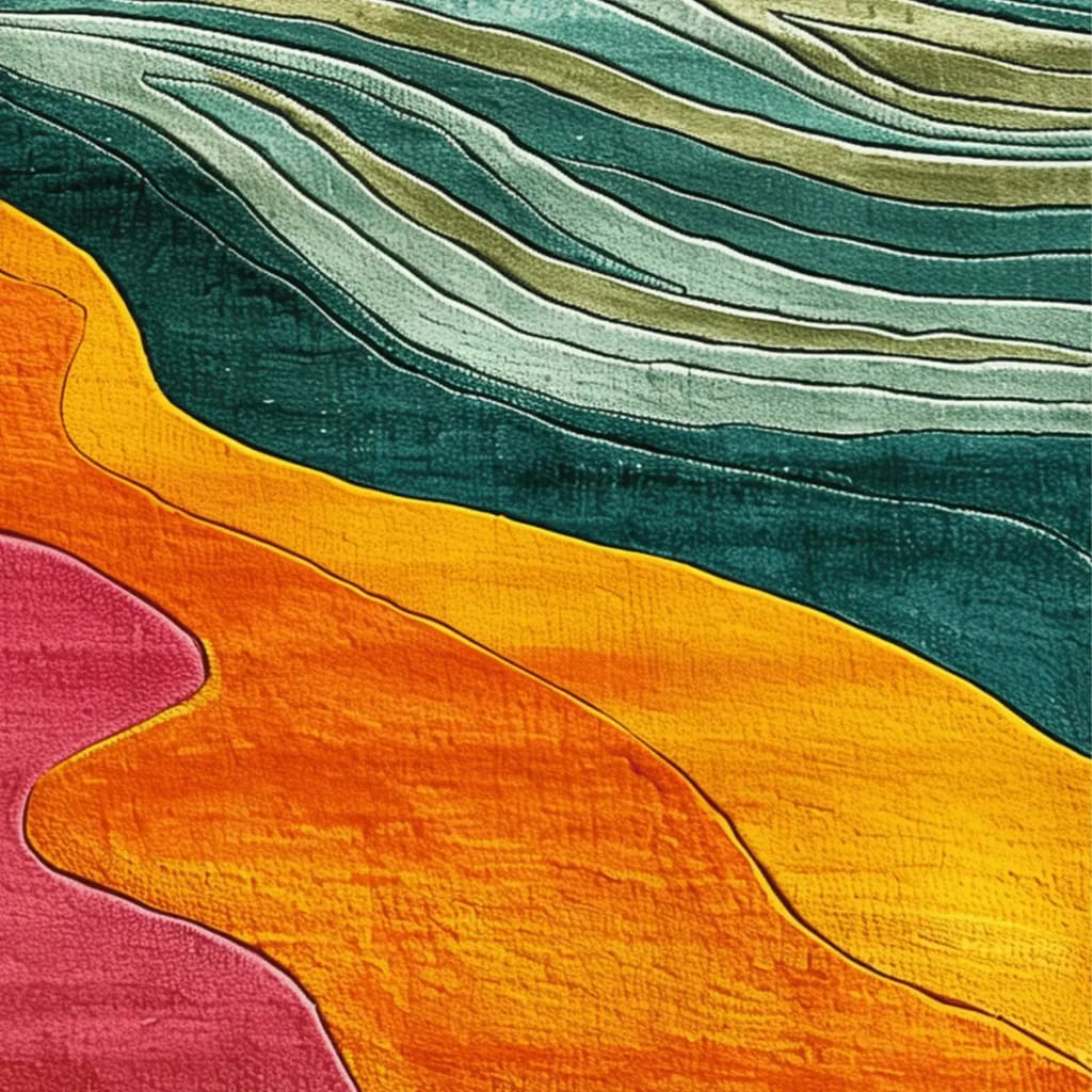 A vibrant and colorful area rug featuring bold waves of green, orange, and pink hues. This contemporary rug, crafted from high-quality wool, adds a splash of color to any bedroom or office space, offering a unique design element to your home decor.