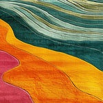 A vibrant and colorful area rug featuring bold waves of green, orange, and pink hues. This contemporary rug, crafted from high-quality wool, adds a splash of color to any bedroom or office space, offering a unique design element to your home decor.