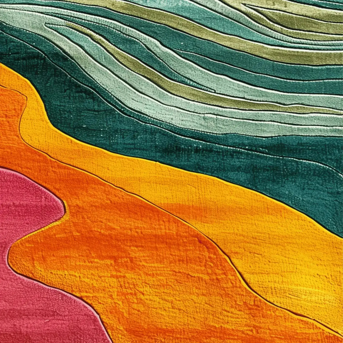 A vibrant and colorful area rug featuring bold waves of green, orange, and pink hues. This contemporary rug, crafted from high-quality wool, adds a splash of color to any bedroom or office space, offering a unique design element to your home decor.