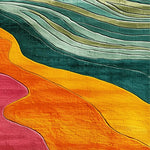 A vibrant and colorful area rug featuring bold waves of green, orange, and pink hues. This contemporary rug, crafted from high-quality wool, adds a splash of color to any bedroom or office space, offering a unique design element to your home decor.