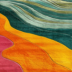 A vibrant and colorful area rug featuring bold waves of green, orange, and pink hues. This contemporary rug, crafted from high-quality wool, adds a splash of color to any bedroom or office space, offering a unique design element to your home decor.