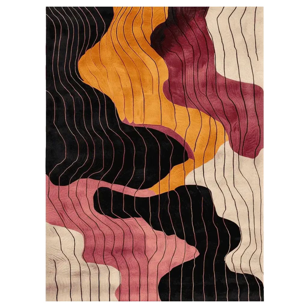 This Retro Tide Hand Tufted Rug is a stunning area rug with a contemporary design, featuring a vibrant abstract wave pattern in shades of black, orange, and burgundy. Made from high-quality wool, it is an ideal choice for living room rugs 8x10, offering both style and comfort.