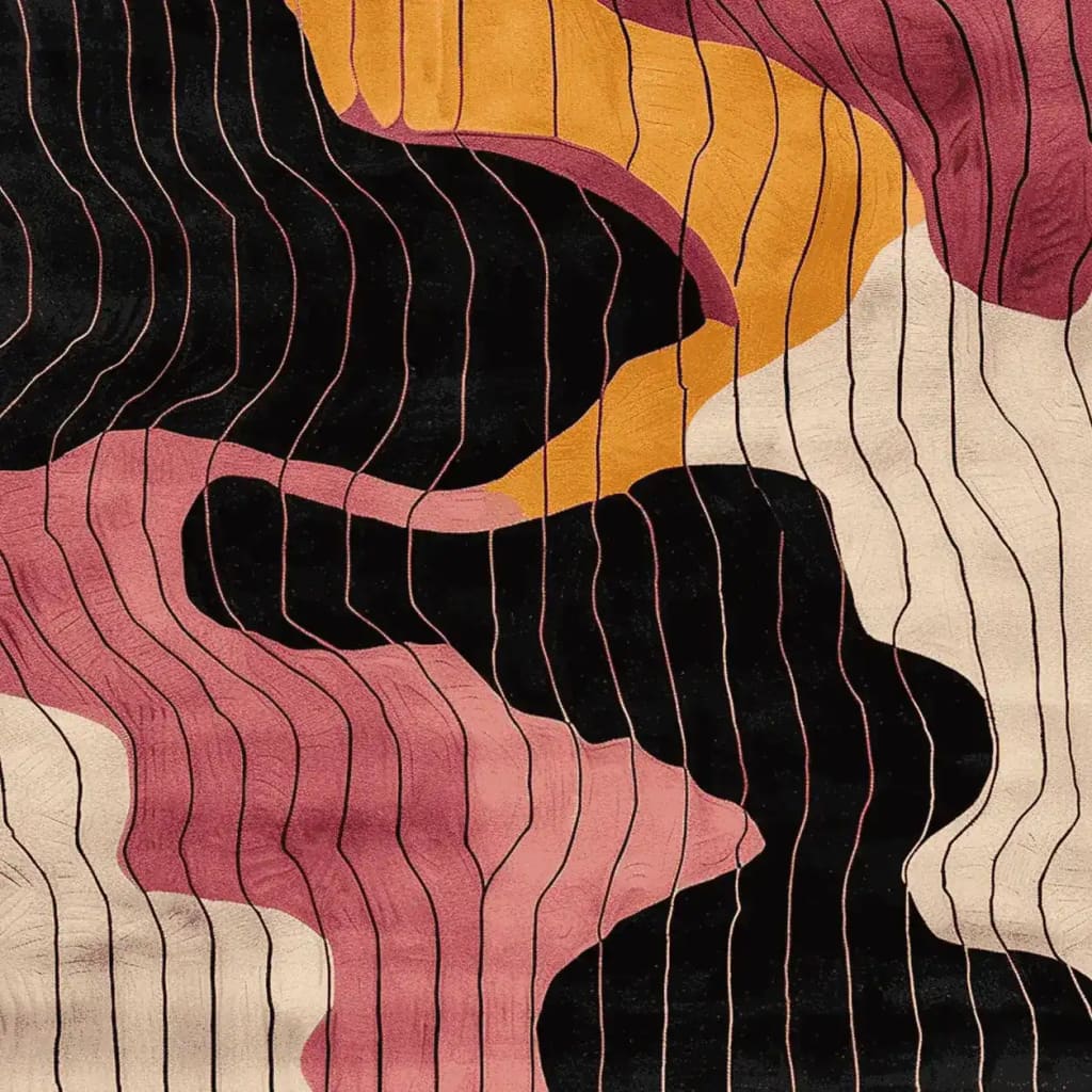 Stylish Retro Tide Hand Tufted Area Rug featuring a contemporary abstract design with flowing lines in black, pink, orange, and beige. Perfect wool rug for enhancing modern living room spaces. Ideal as an 8x10 rug for living room decor.