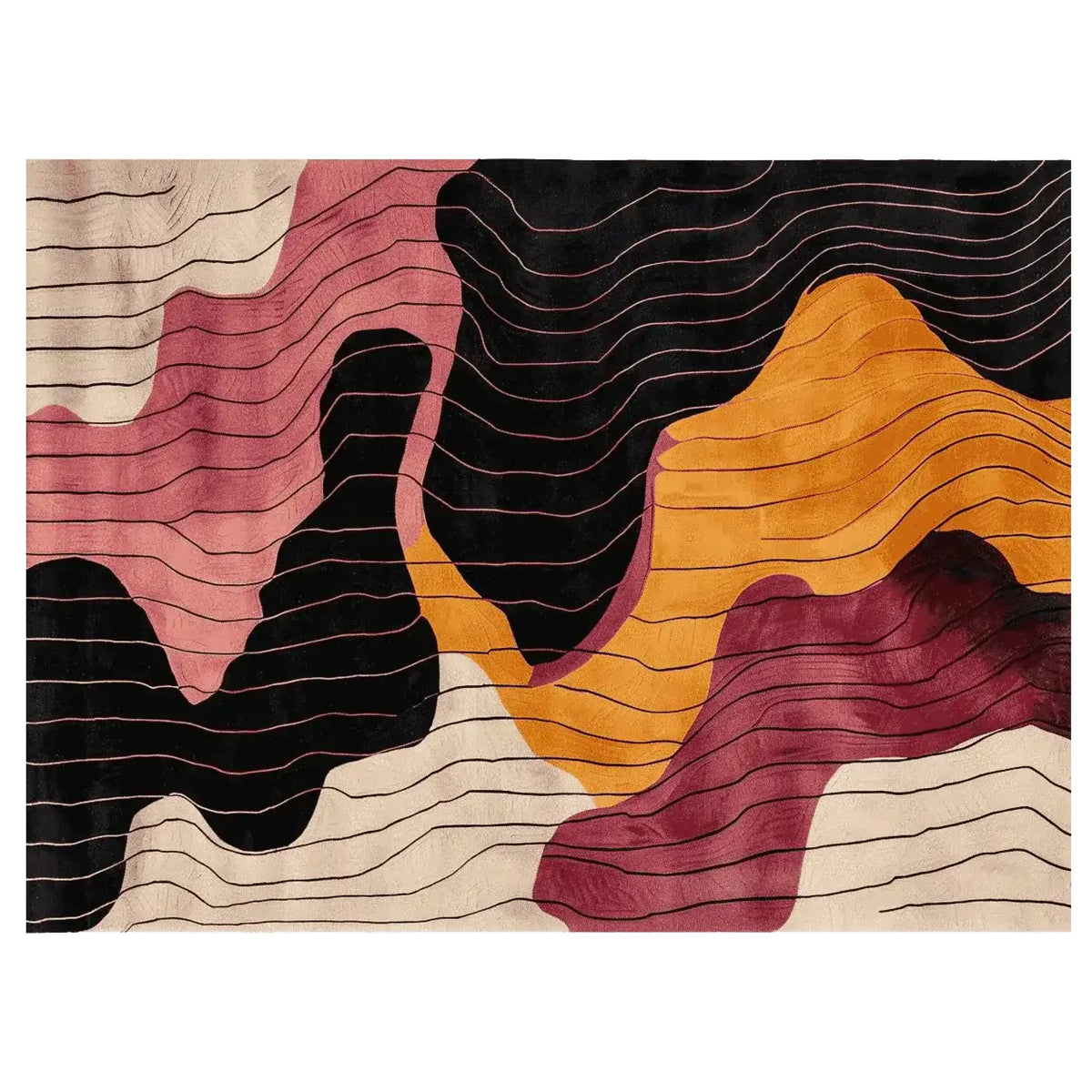 A vibrant Retro Tide Hand Tufted Area Rug featuring an abstract wave design in warm tones of pink, orange, and maroon. This contemporary wool rug is ideal for adding a pop of color to any living room. Perfect size for living room rugs 8x10.
