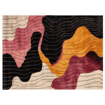 A vibrant Retro Tide Hand Tufted Area Rug featuring an abstract wave design in warm tones of pink, orange, and maroon. This contemporary wool rug is ideal for adding a pop of color to any living room. Perfect size for living room rugs 8x10.