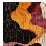 Top view of a Retro Tide Hand Tufted Area Rug featuring a striking abstract design with flowing lines in rich hues of black, mustard yellow, and deep burgundy. This contemporary wool rug is perfect for adding a bold statement to any living room setting, especially in an 8x10 size.