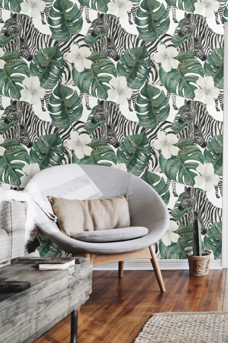 Retro Zebra and Monstera Floral Wallpaper