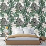 Retro Zebra and Monstera Floral Wallpaper