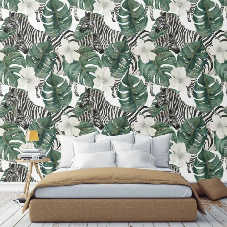 Retro Zebra and Monstera Floral Wallpaper