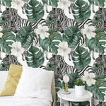 Retro Zebra and Monstera Floral Wallpaper