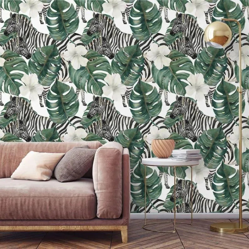 Retro Zebra and Monstera Floral Wallpaper