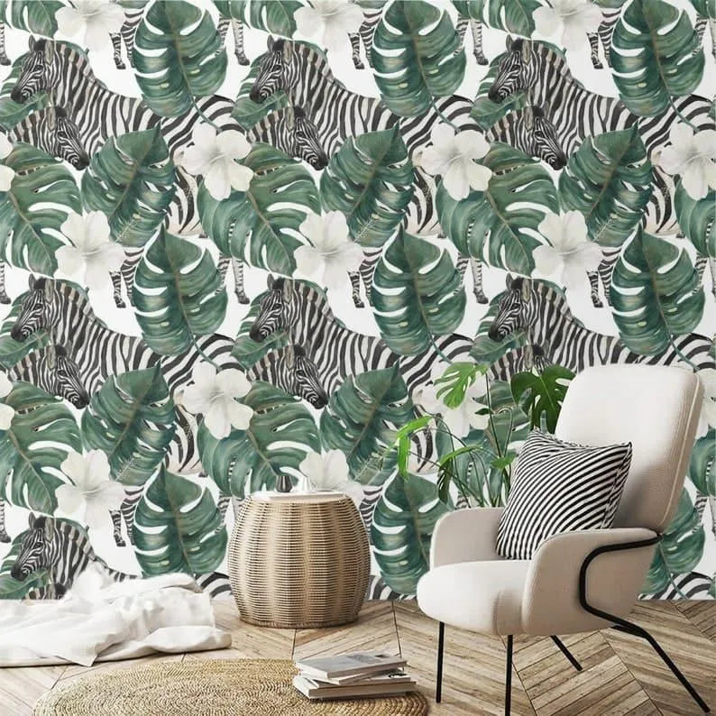 Retro Zebra and Monstera Floral Wallpaper