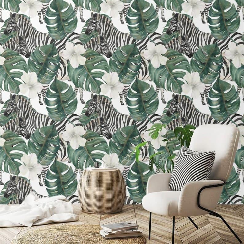 Retro Zebra and Monstera Floral Wallpaper - MAIA HOMES