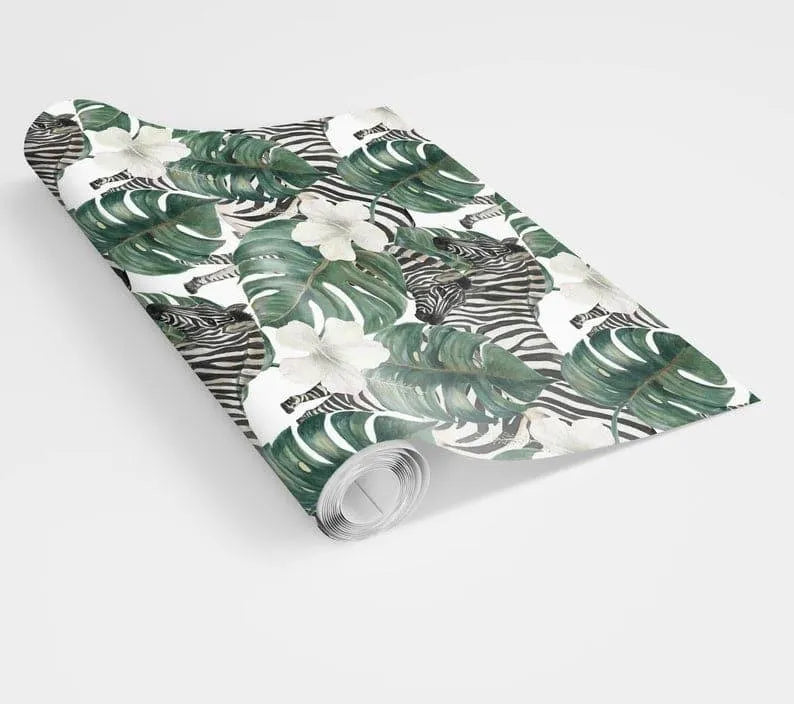 Retro Zebra and Monstera Floral Wallpaper