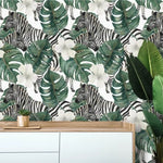 Retro Zebra and Monstera Floral Wallpaper