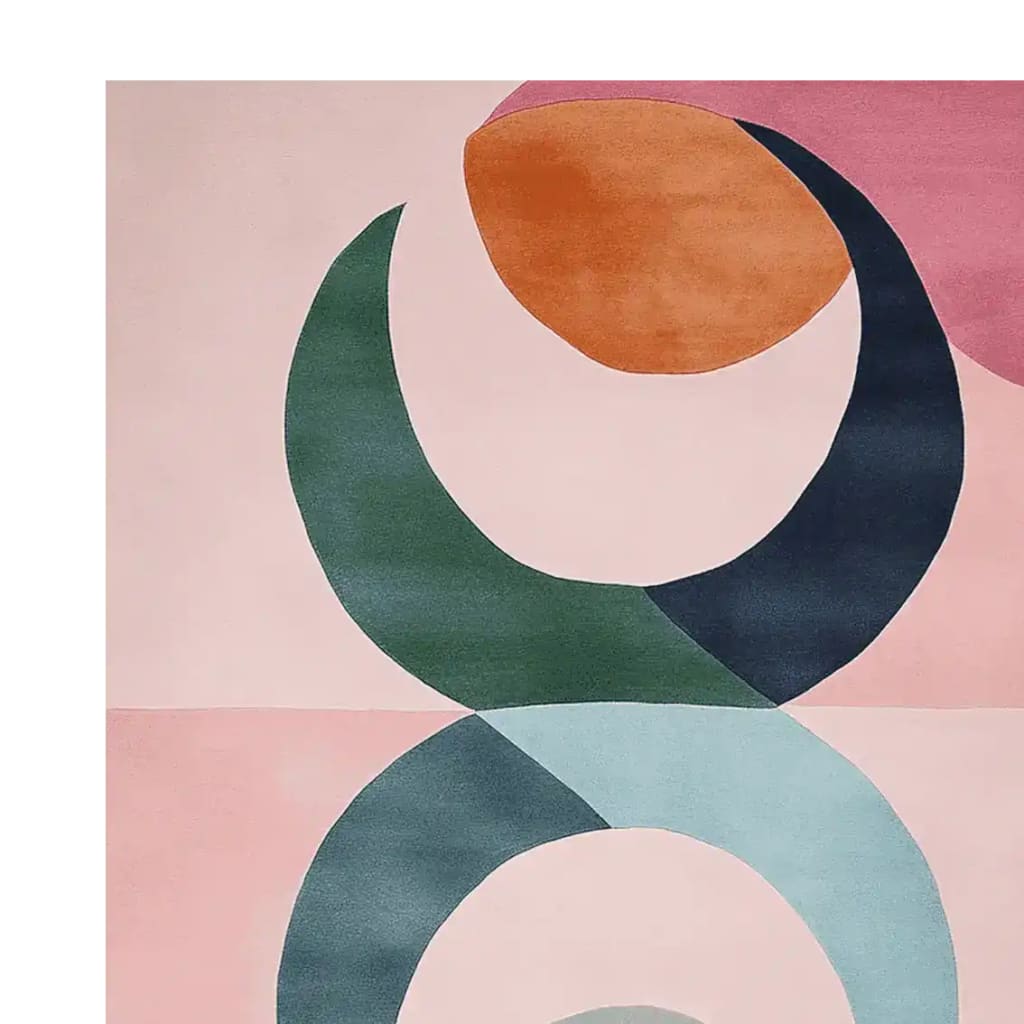 A vibrant area rug with a contemporary design featuring abstract shapes in shades of pink, green, and orange. This hand-tufted wool rug is perfect for adding a pop of color to your living room decor, ideal for those seeking stylish area rugs for living room spaces.