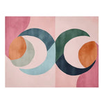 Top view of the Retroform Celestial Pop Hand Tufted Area Rug showcasing its vibrant, contemporary abstract design. This wool rug features bold, overlapping circles and ovals in shades of pink, blue, green, and orange, perfect for adding a modern touch to any living room.