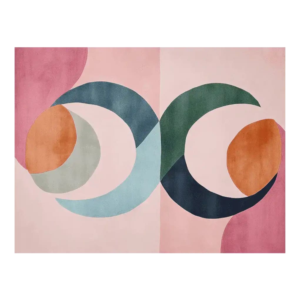 Top view of the Retroform Celestial Pop Hand Tufted Area Rug showcasing its vibrant, contemporary abstract design. This wool rug features bold, overlapping circles and ovals in shades of pink, blue, green, and orange, perfect for adding a modern touch to any living room.