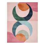 The Retroform Celestial Pop Hand Tufted Rug is a vibrant area rug featuring an abstract design with circular shapes in shades of pink, orange, green, and blue. This contemporary wool rug is perfect for adding a splash of color to living rooms.