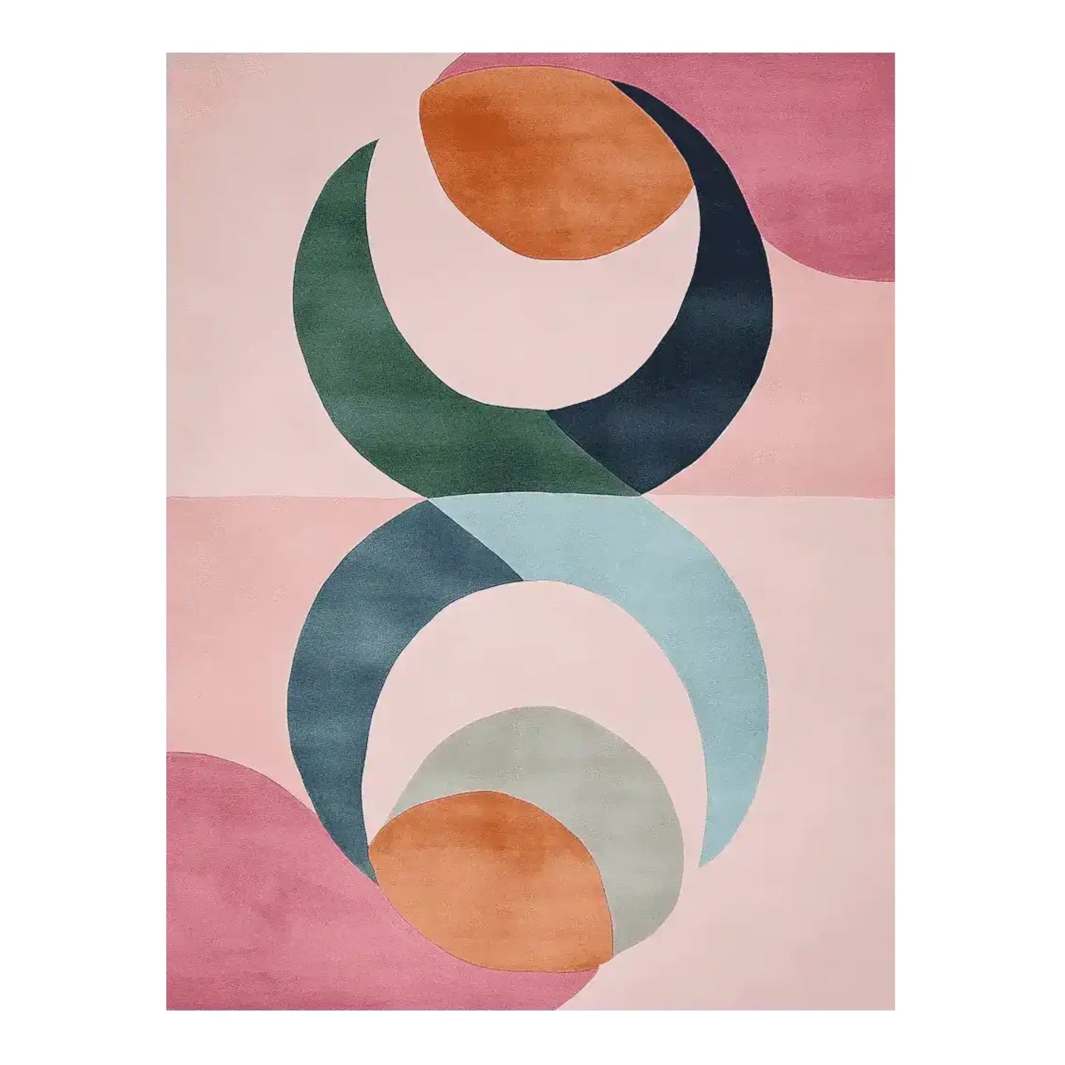 The Retroform Celestial Pop Hand Tufted Rug is a vibrant area rug featuring an abstract design with circular shapes in shades of pink, orange, green, and blue. This contemporary wool rug is perfect for adding a splash of color to living rooms.