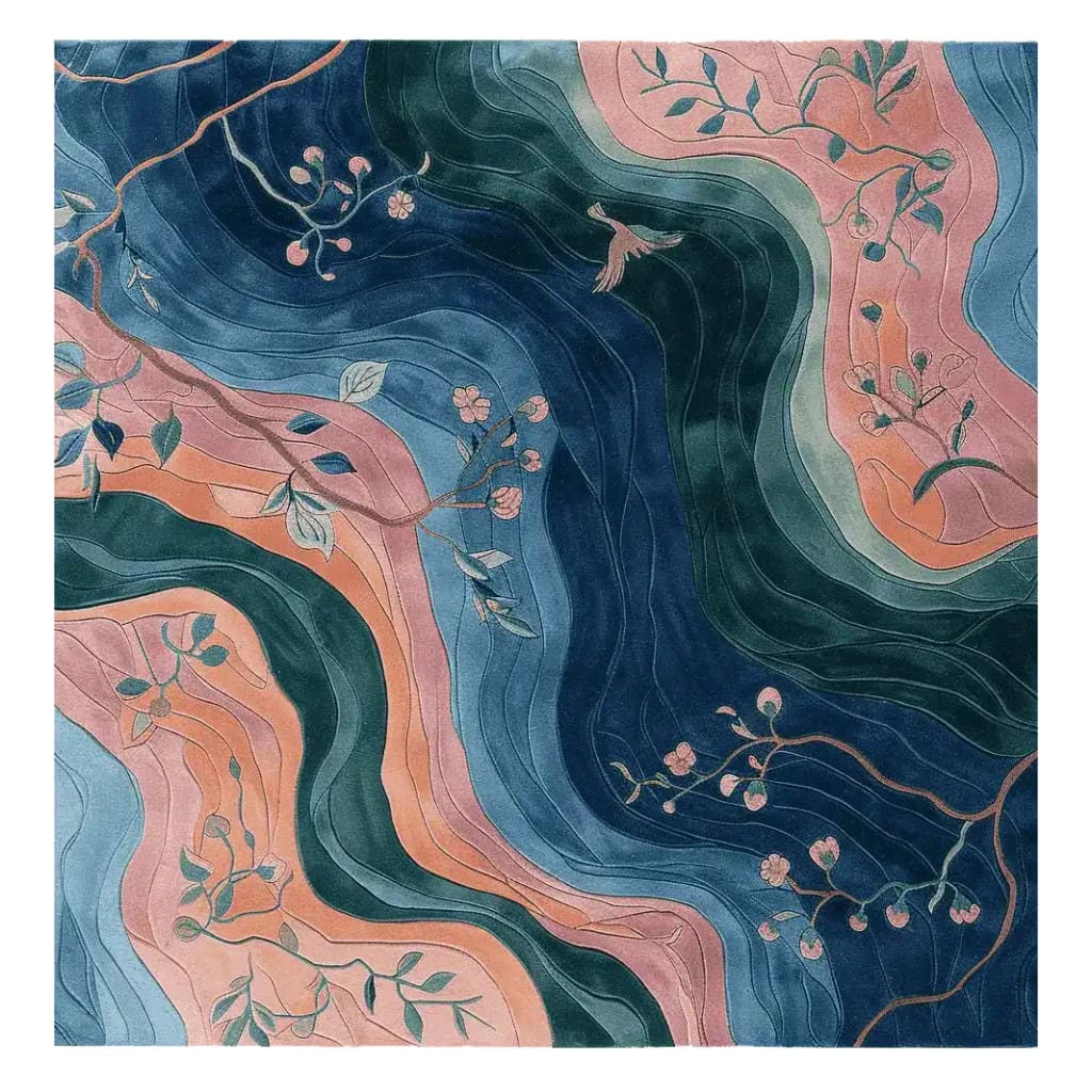 Vibrant 'Rhythm of Blossoms' hand-tufted area rug featuring an intricate floral design with flowing patterns in shades of blue, pink, and green. Ideal as a square area rug for living rooms, this wool rug offers an artistic touch, perfect for those seeking 8x10 living room rugs with a floral theme.