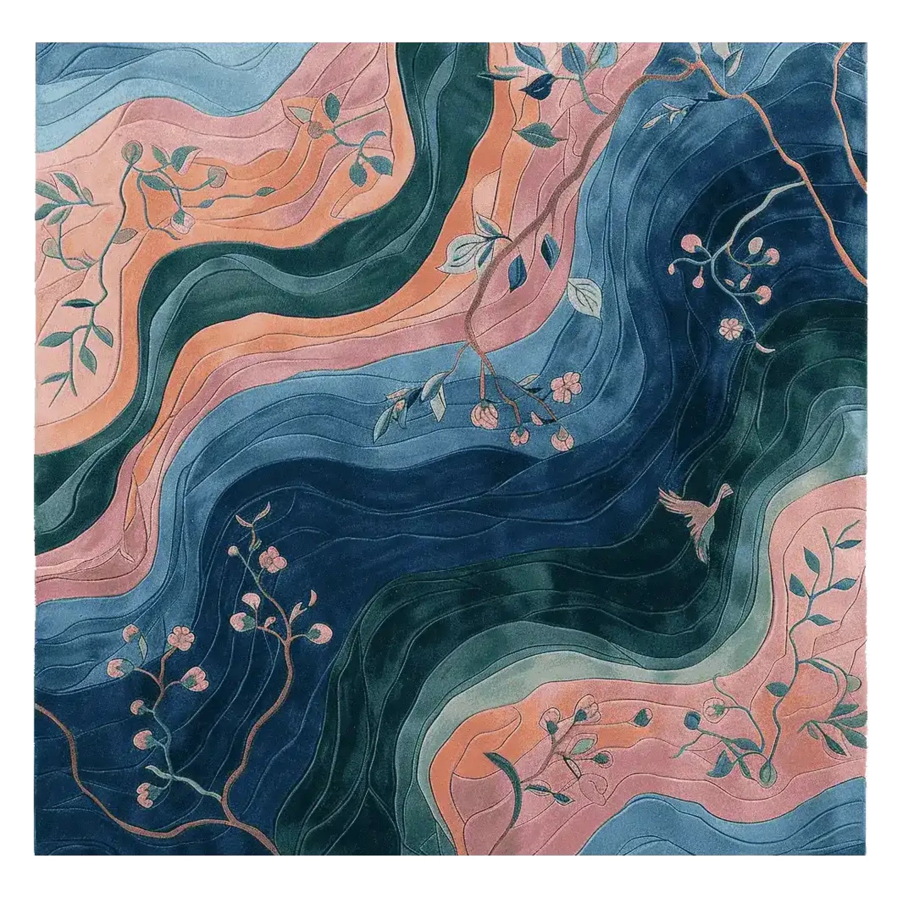 This vibrant hand-tufted area rug, titled 'Rhythm of Blossoms,' features a stunning floral design with flowing lines and botanical motifs in shades of blue, coral, and green. Perfect for adding a touch of elegance to any living space, this square area rug measures 8x10 and is crafted from high-quality wool, making it an ideal choice for living room rugs.