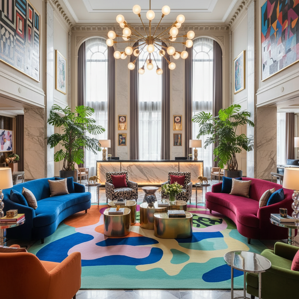 Luxurious hotel lobby with a colorful rug, furniture and decor