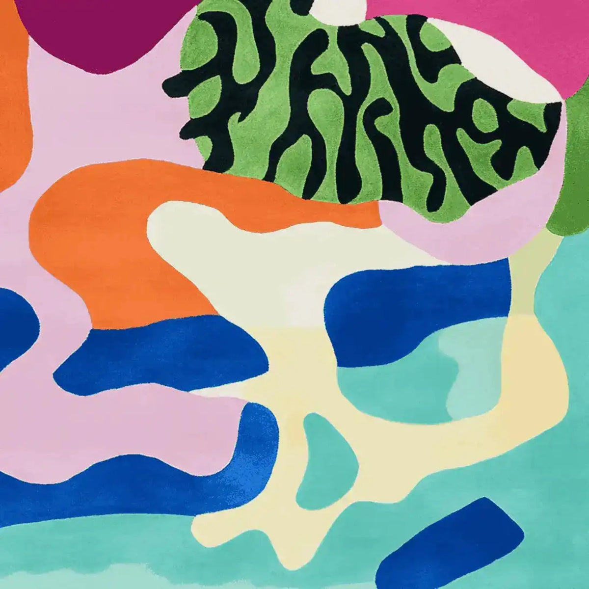 A vibrant, contemporary wool area rug featuring an abstract design with bold colors and shapes, perfect for a modern living room. This square area rug combines hues of orange, green, blue, and pink, creating a dynamic and artistic look.