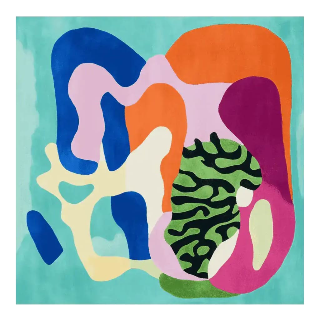 Vibrant and contemporary square area rug featuring abstract shapes in bold colors like blue, orange, pink, and green. This wool rug is perfect for adding a pop of color to any living room, showcasing a modern artistic design.