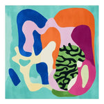 Vibrant and contemporary square area rug featuring abstract shapes in bold colors like blue, orange, pink, and green. This wool rug is perfect for adding a pop of color to any living room, showcasing a modern artistic design.