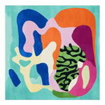 Vibrant and contemporary square area rug featuring abstract shapes in bold colors like blue, orange, pink, and green. This wool rug is perfect for adding a pop of color to any living room, showcasing a modern artistic design.
