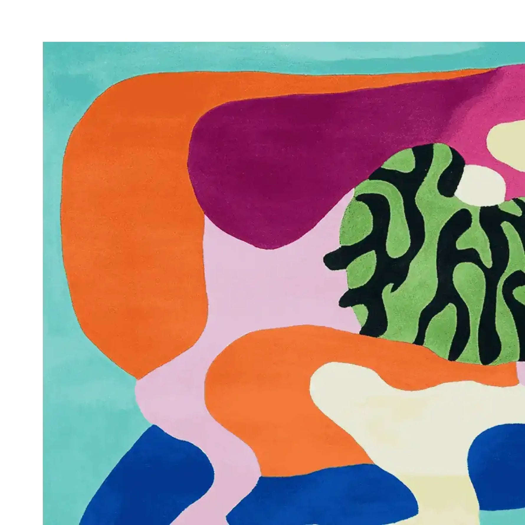 Vibrant square area rug featuring abstract, contemporary design with bold colors including orange, purple, green, and blue, ideal for modern living rooms. This hand-tufted wool rug offers a unique artistic touch, perfect as an area rug centerpiece.