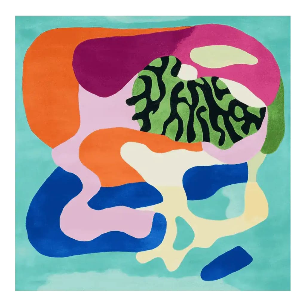 Vibrant Rhythmic Gesture Garden Layer Hand Tufted Area Rug featuring an abstract design with bold colors including orange, pink, green, and blue. This contemporary square area rug is crafted from high-quality wool, making it a perfect addition to modern living rooms.