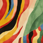 Vibrant abstract design of a square area rug, featuring bold wavy patterns in red, yellow, black, green, and blue. This contemporary wool rug adds a splash of color to any living room, showcasing the dynamic flow of rhythmic heat.