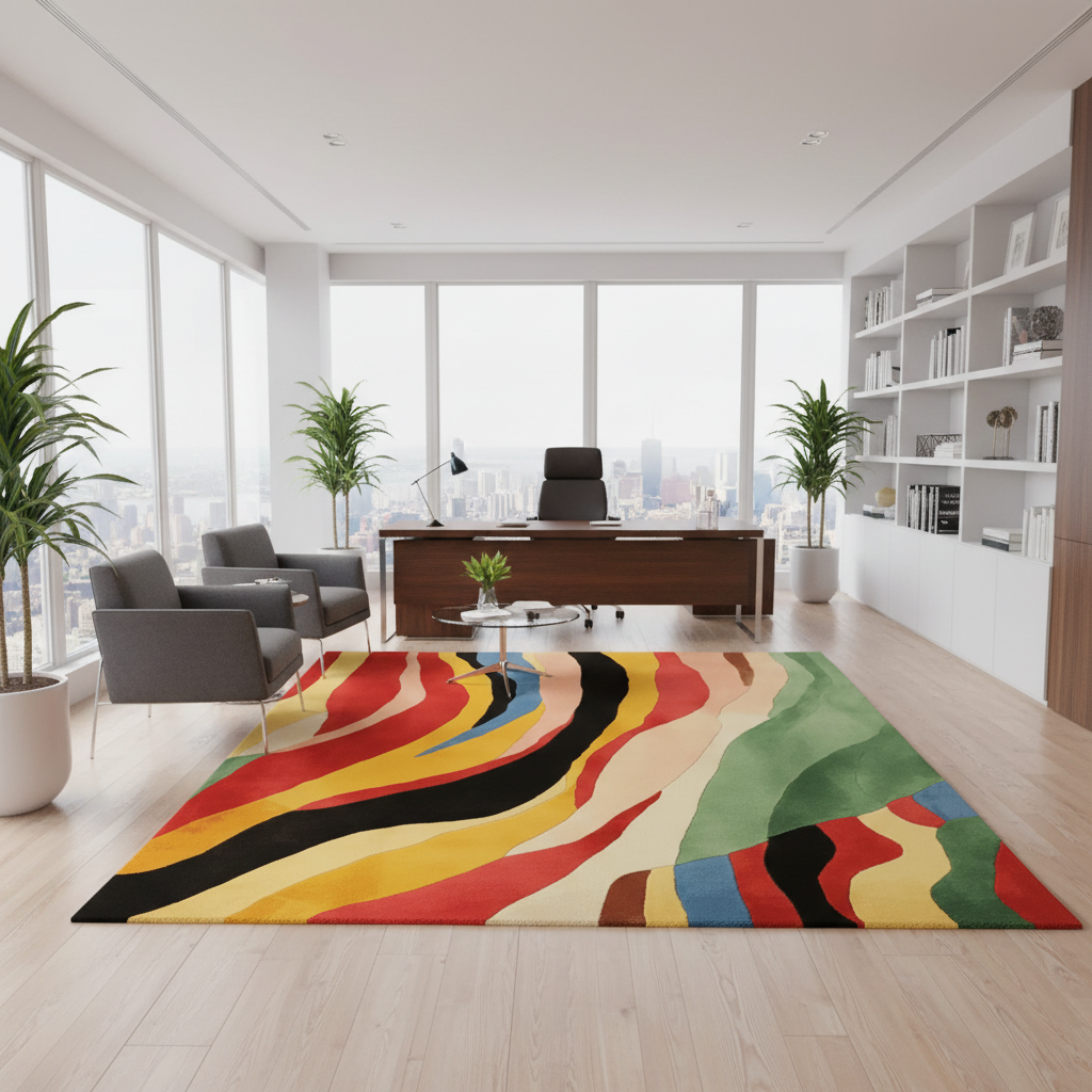 Colorful abstract rug on a wooden floor with a modern office setup.