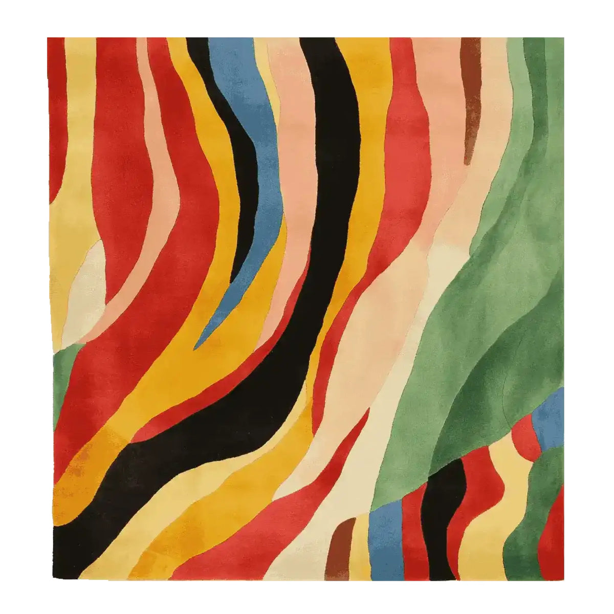Vibrant Rhythmic Heat Flow Hand Tufted Area Rug featuring bold abstract patterns in red, yellow, blue, green, and black hues. This contemporary square area rug, made from high-quality wool, is perfect for adding a splash of color to any living room.