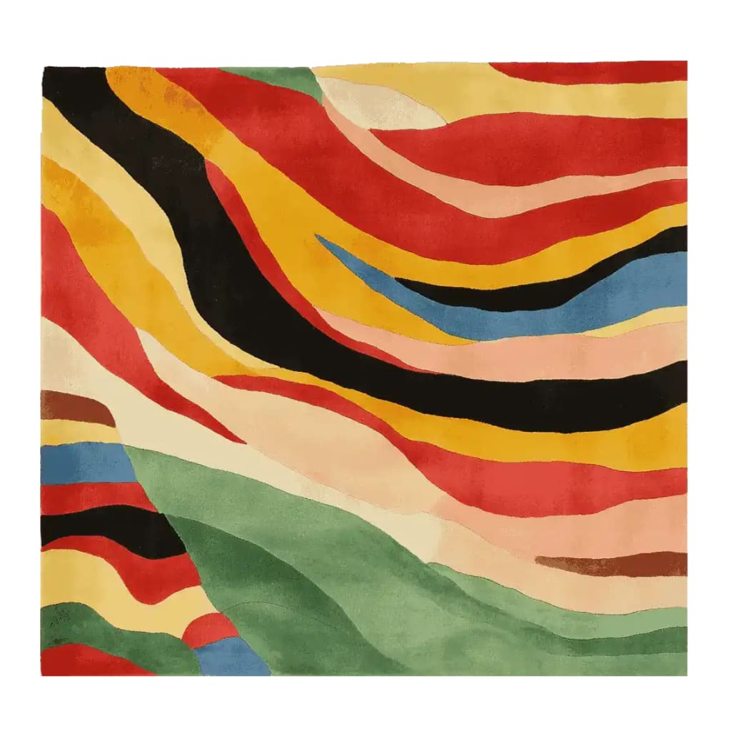 Vibrant and colorful Rhythmic Heat Flow Hand Tufted Rug showcasing an abstract design with flowing waves of red, yellow, black, and green. This square area rug is a contemporary wool rug, perfect for adding a splash of color to any living room.